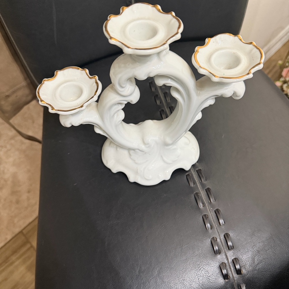 Vintage Porcelain White Candle Holder with Gold accents